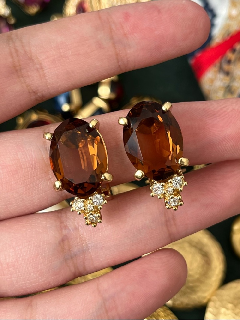 Vintage Christian Dior Classic Crystal Oval Brown Rhinestone Gold Clip Earrings